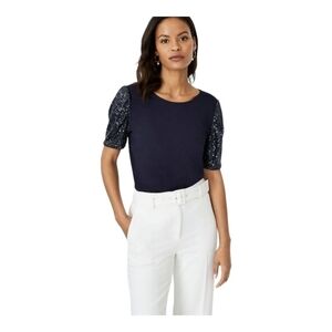 Ann Taylor short sleeve formal blouse navy blue sequins